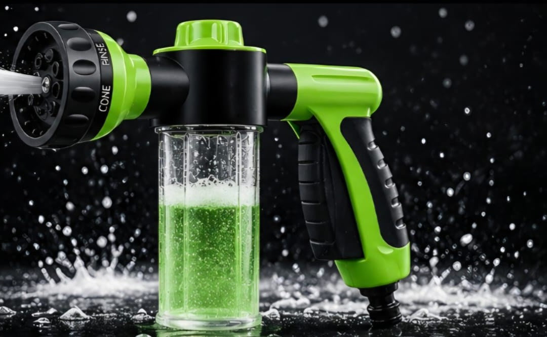 Multi-Purpose Foam Spray Gun with foam bottle on a dark background