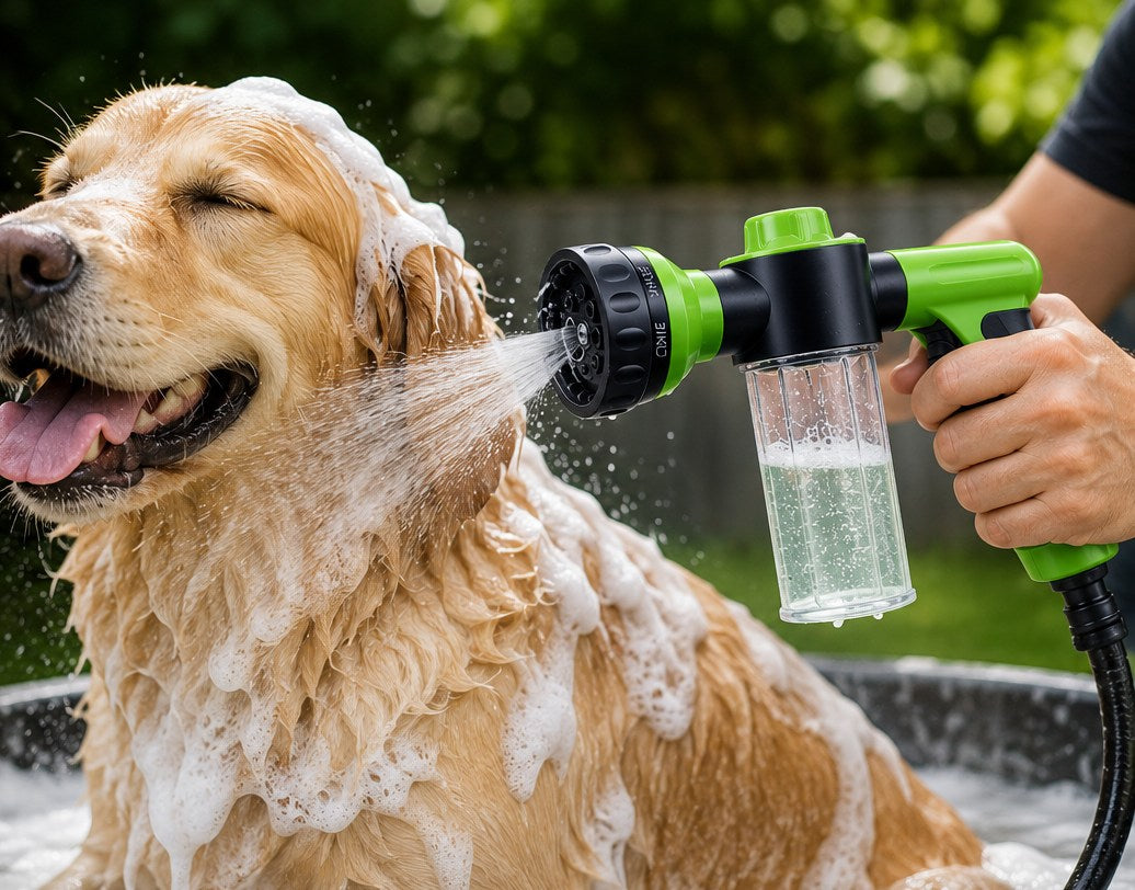 Golden retriever being bathed with the Foam Spray Gun